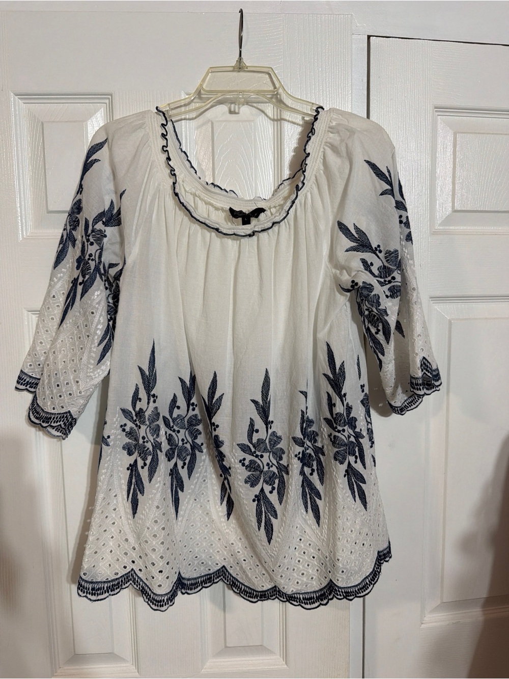 White Embroidered Peasant Tunic with Navy Floral Stitching